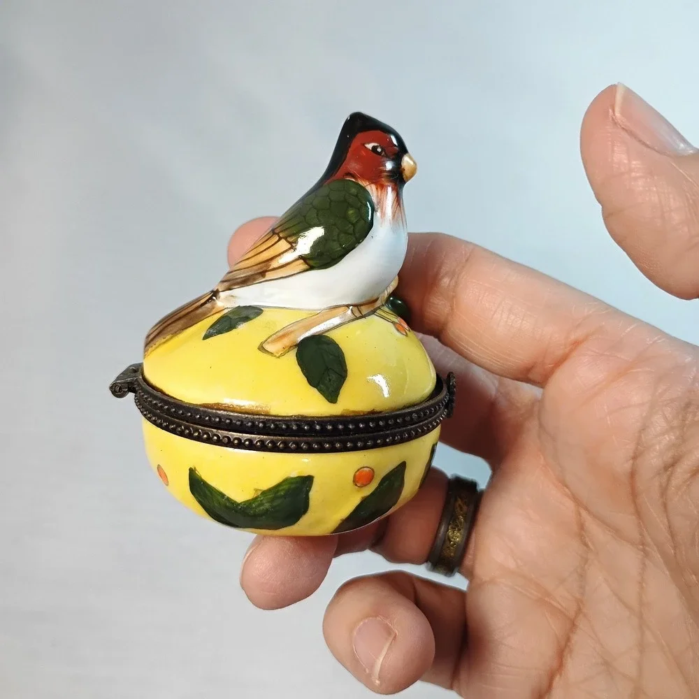 Vintage Porcelain Trinket Box Hand Painted Bird Hinged Pill Box Collectible